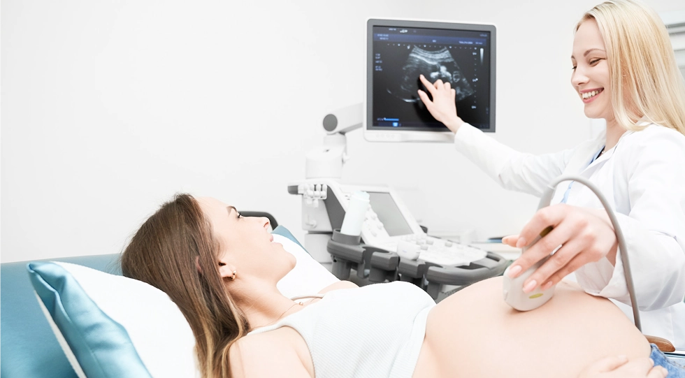 Ärztin führt Ultraschalluntersuchung bei schwangerer Frau durch